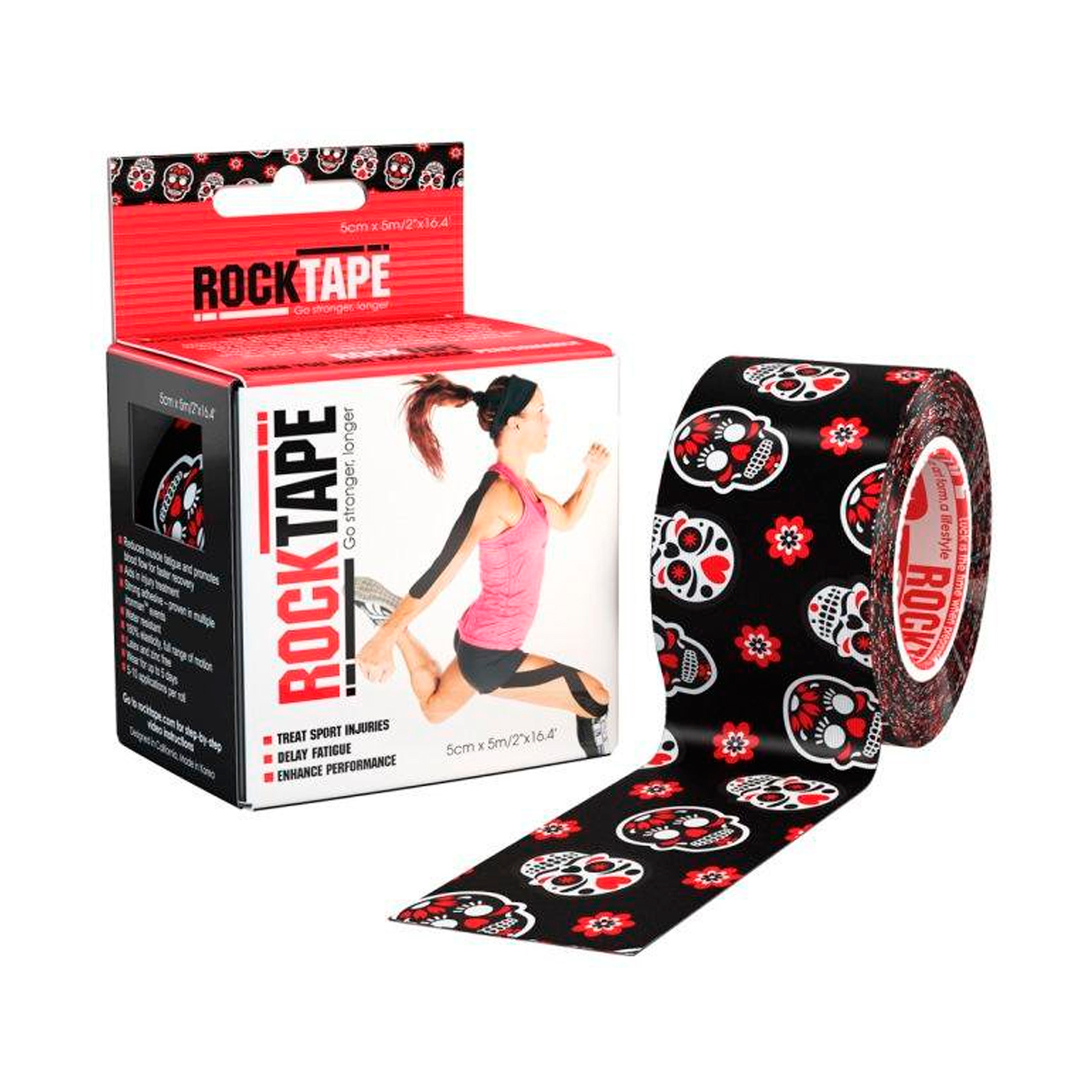 ТЕЙП Rocktape, design, чёрный с черепами и цветами, 5см х 5м  RCT100-MUER-OS